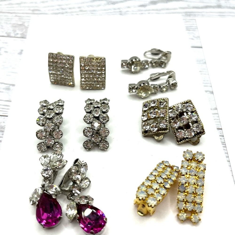 Rhinestones Earrings Collection 6 Pairs Clip on Vintage Sparkling Rhinestones